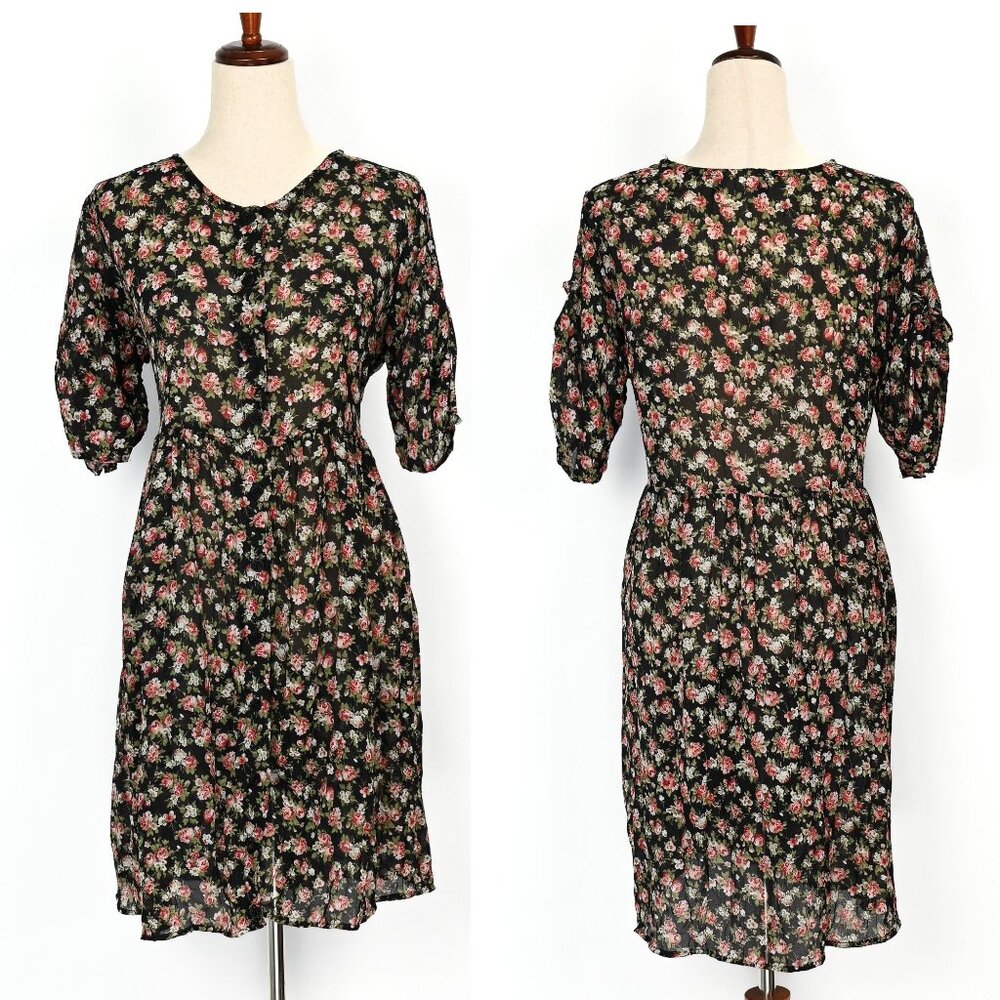 Vintage 90s Black & Red Floral ELISSE JR. Polyester Button Up Dress - 9/10